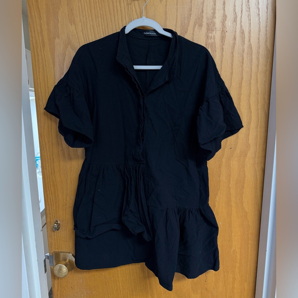 Celmia Black Ruffle Sleeve Blouse Dress
